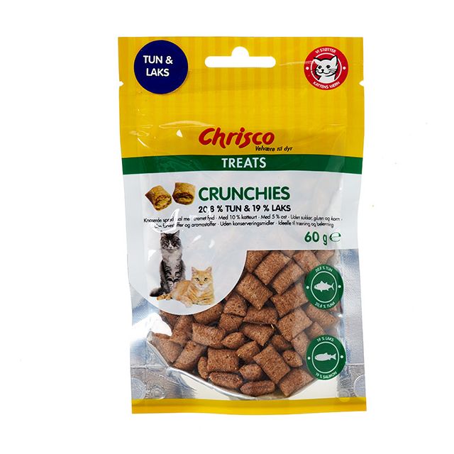 Chrisco Crunchies med tun og laks, 60 g ℮